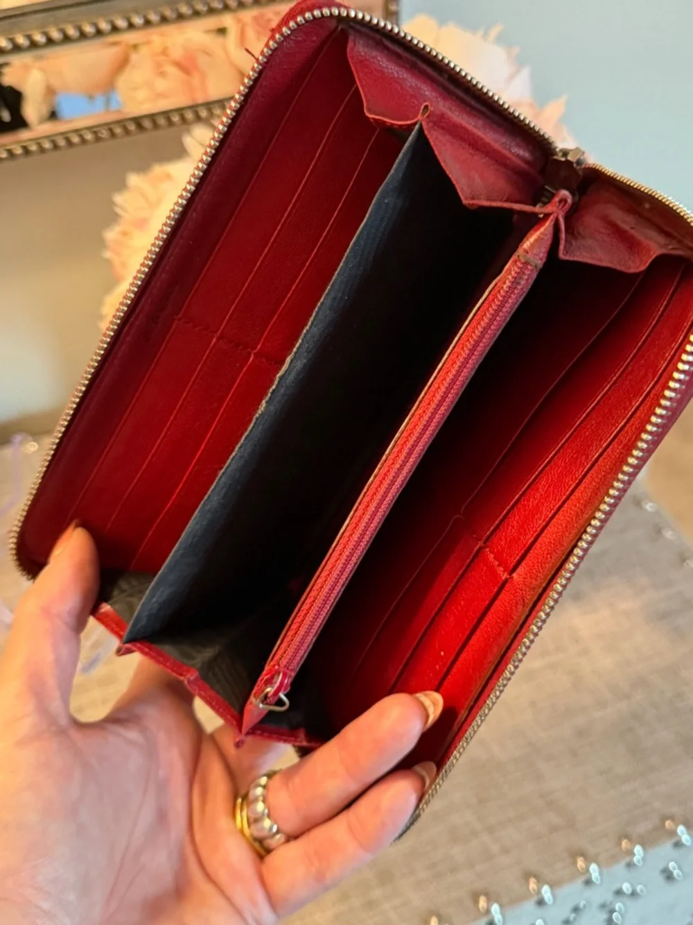 Yves Saint Laurent Red Leather Zip around Long Wallet with Stitched YSL - Picture 9 of 11